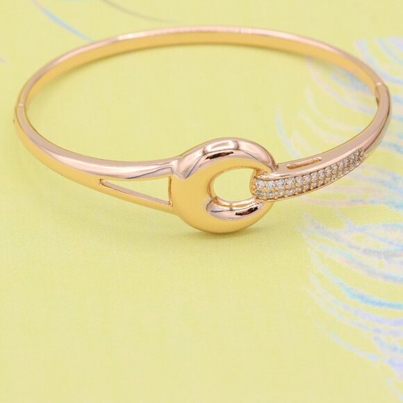Elegant Rose Gold Bangle with Statement Circle Accent & Crystals, XPBL0422 - Picture 1 of 12